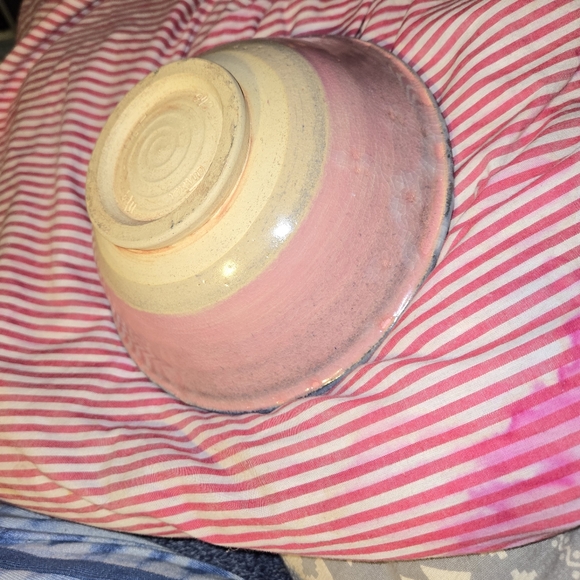 Hand Thrown Studio Art Pottery Bowl in Pink, Blue, & Tan, 8" x 3.5" Tall - Picture 10 of 12